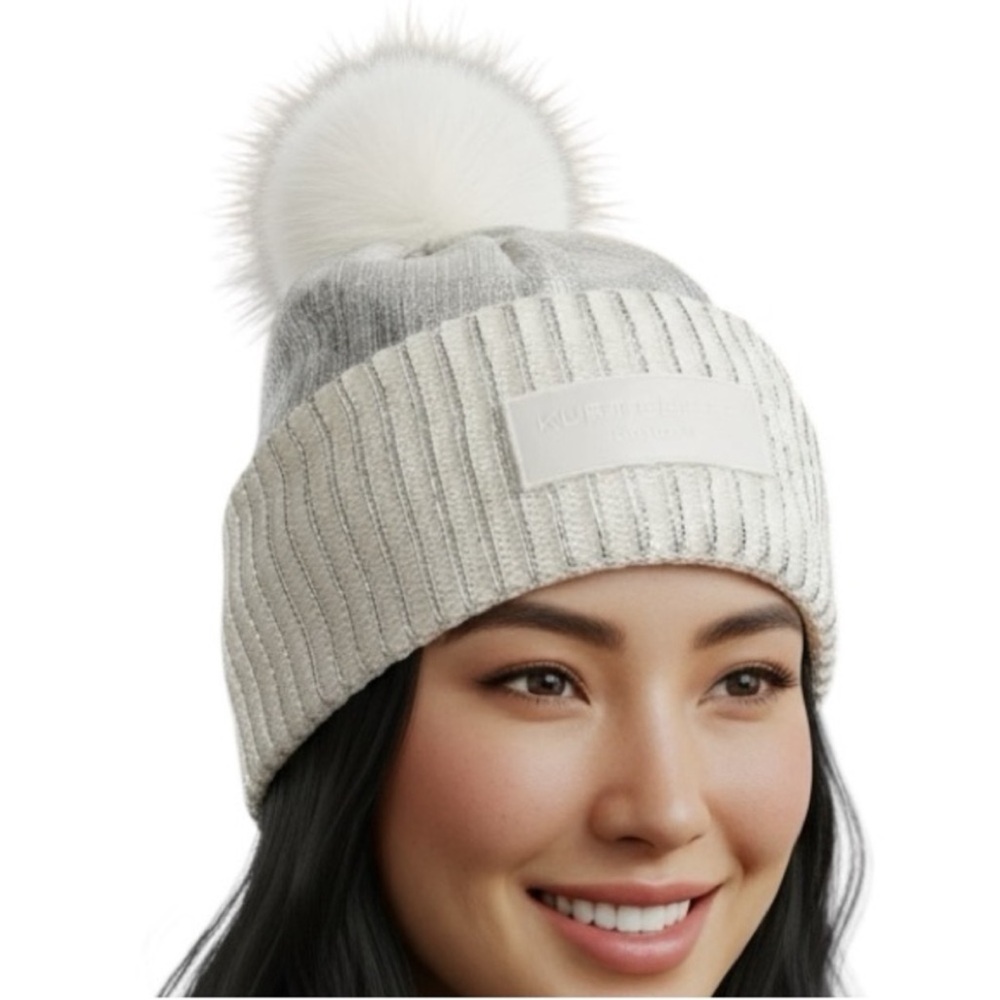 NWT Kurt Geiger London Metallic Rib Pom Beanie Cream & Silver Logo Patch Cuff